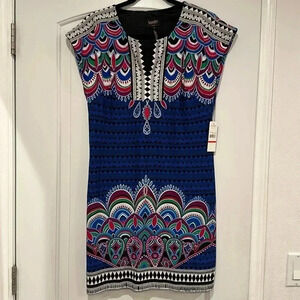 NWT Laundry Shelli Segal V-Neck Blue Red Pink Purple Shift Sleeveless Dress XS